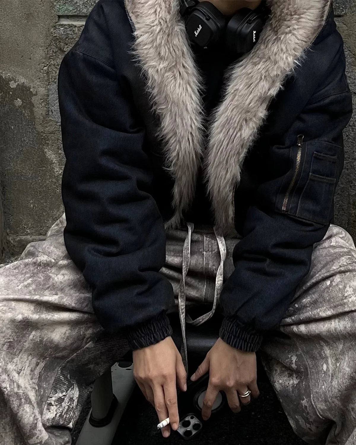 Omygoods Faux Fur Lined Acid Wash Bomber Jacket
