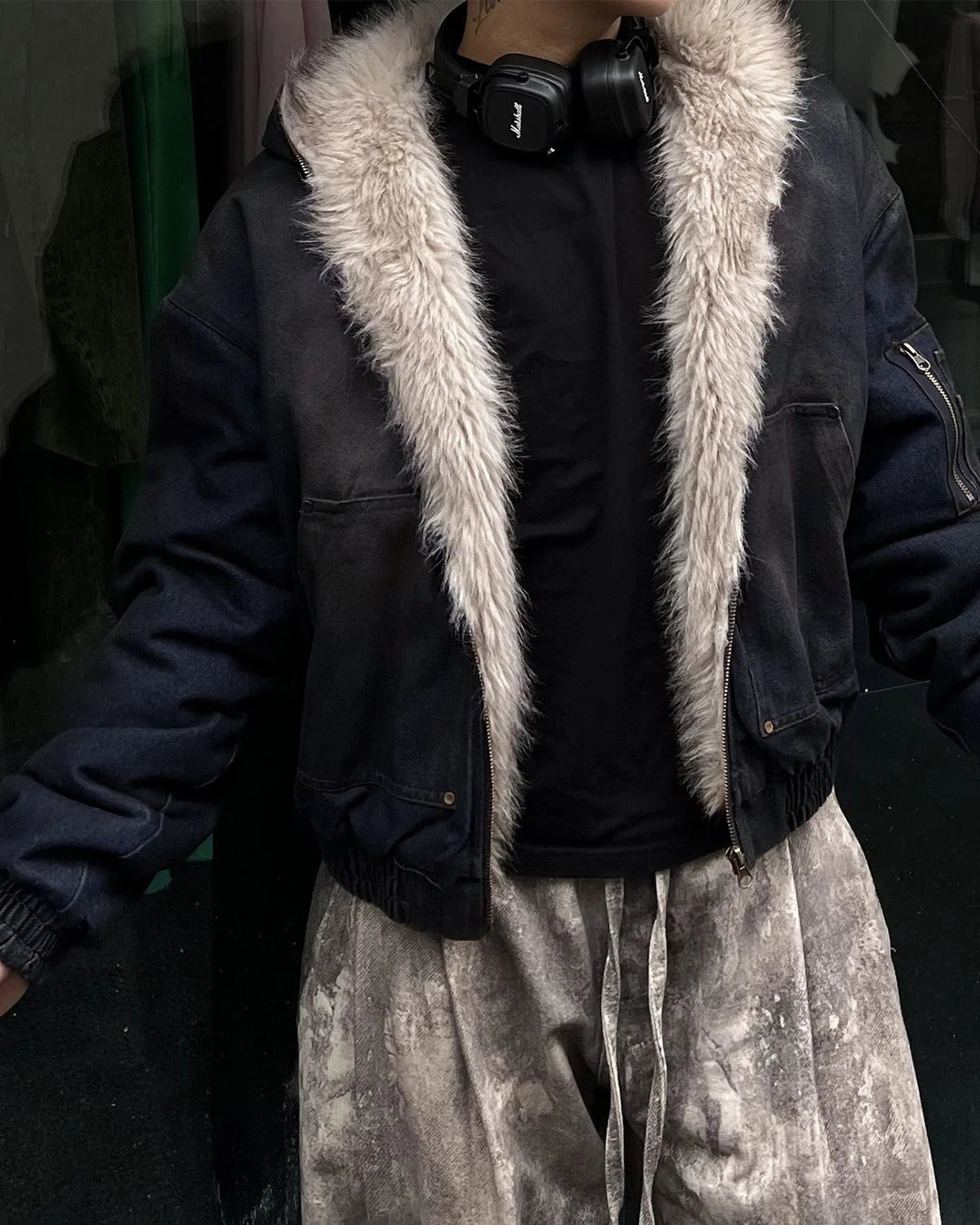 Omygoods Faux Fur Lined Acid Wash Bomber Jacket