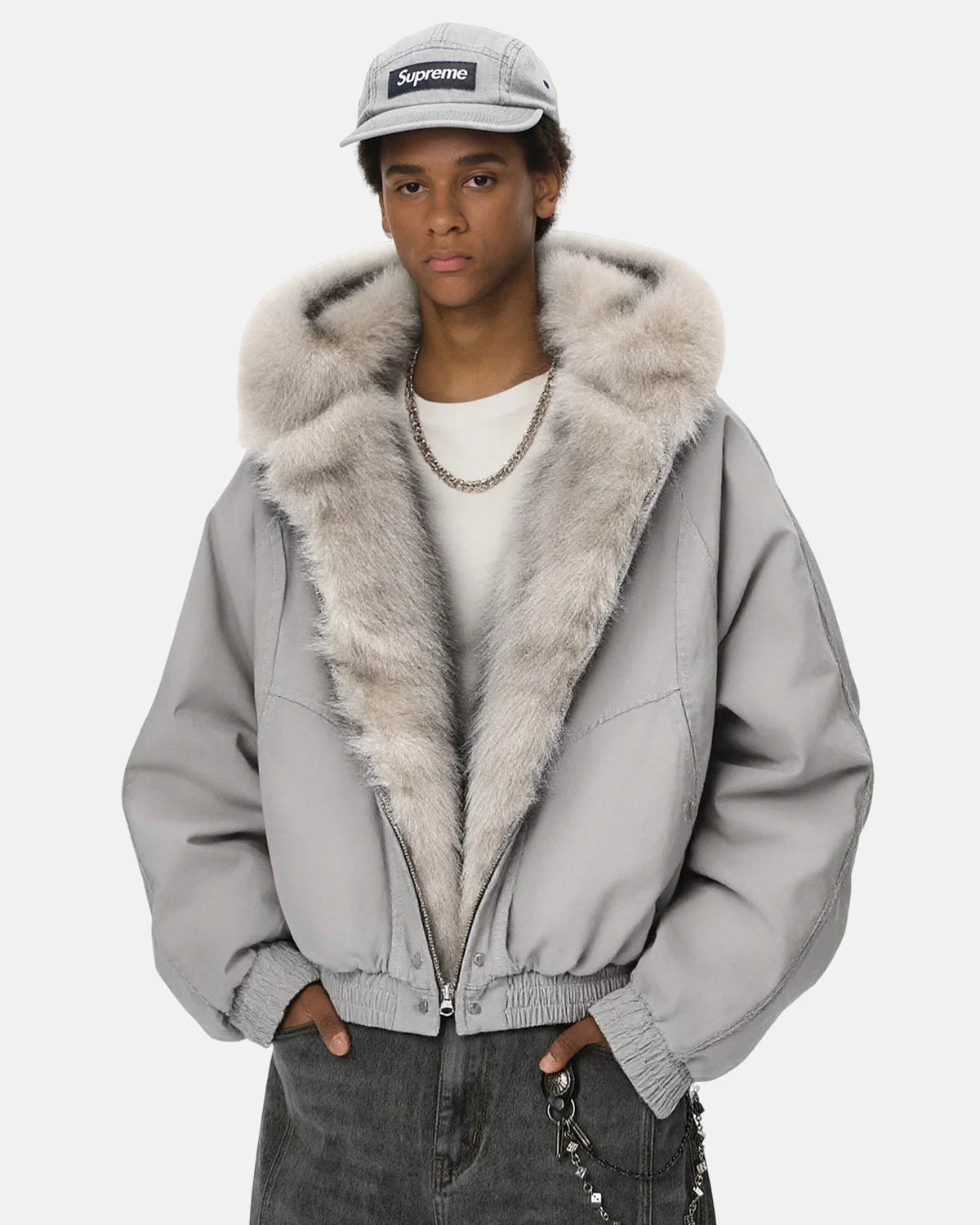 Omygoods Faux Fur Lined Bomber Hooded Jacket