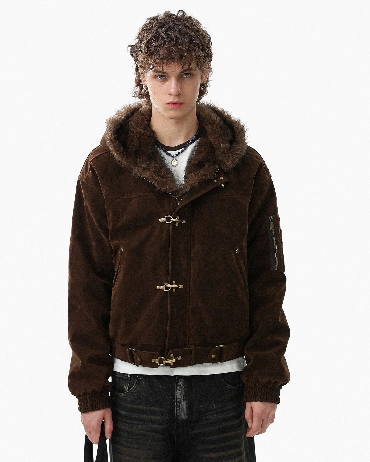 Omygoods Faux Fur Lined Clasp Bomber Jacket