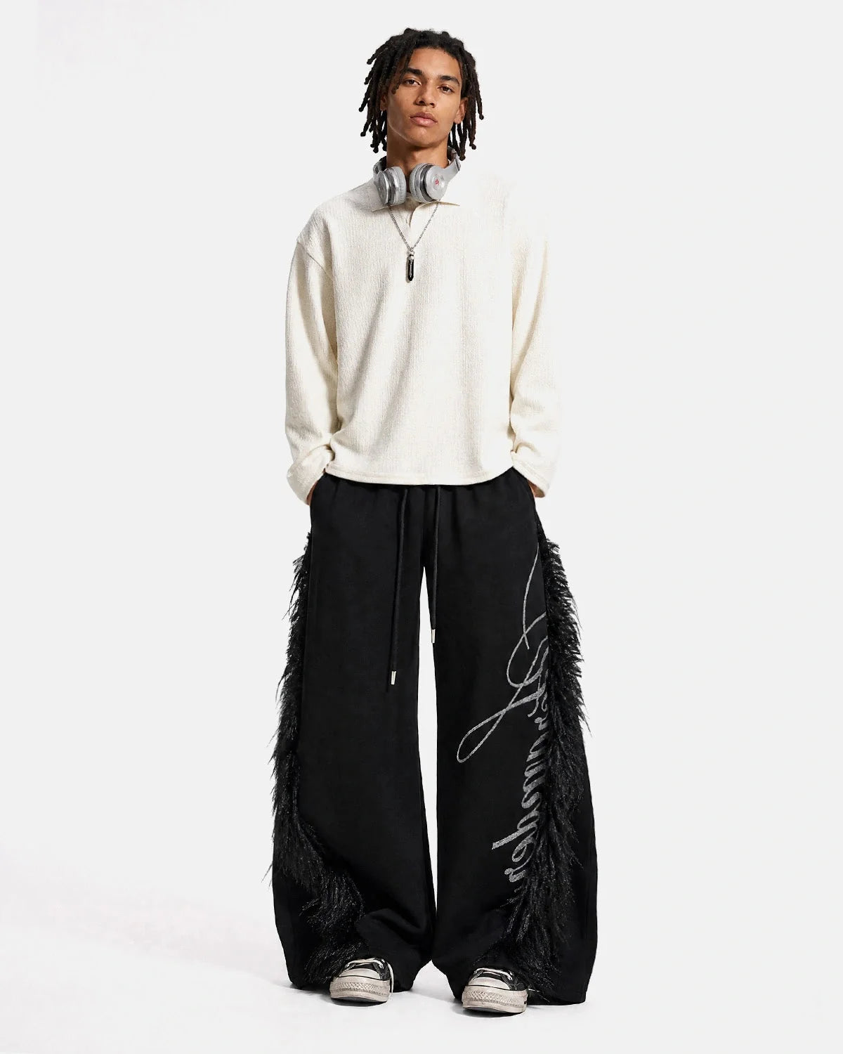 Omygoods Faux Fur Trim Script Barrel Sweatpants