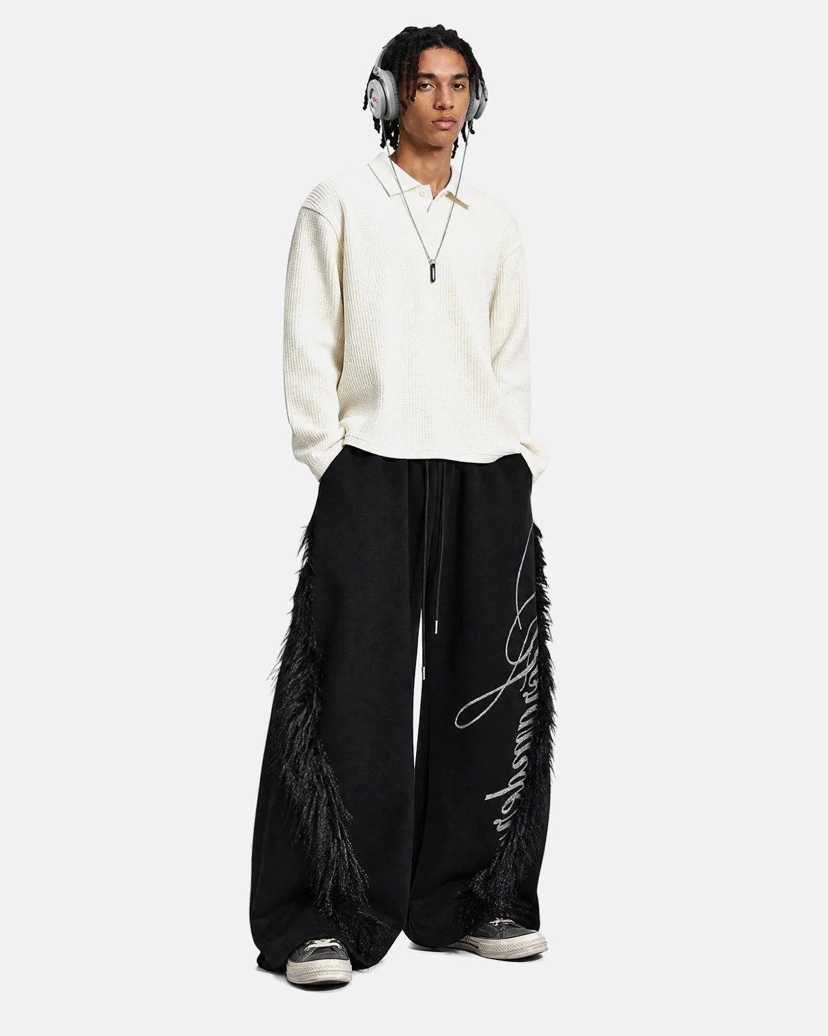 Omygoods Faux Fur Trim Script Barrel Sweatpants