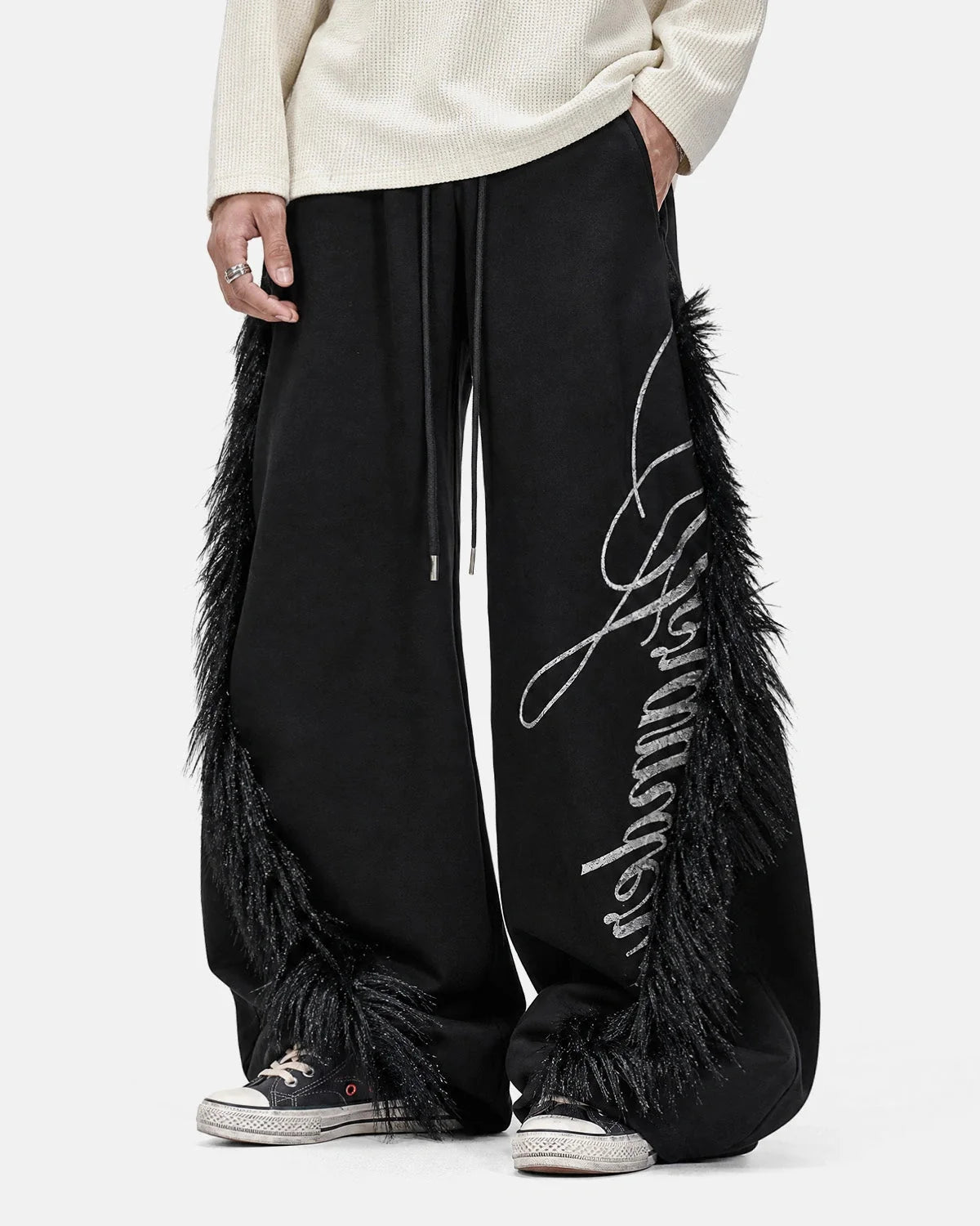 Omygoods Faux Fur Trim Script Barrel Sweatpants