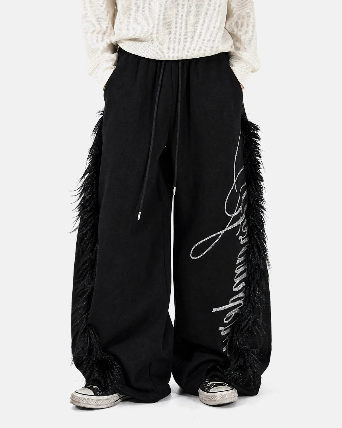 Omygoods Faux Fur Trim Script Barrel Sweatpants