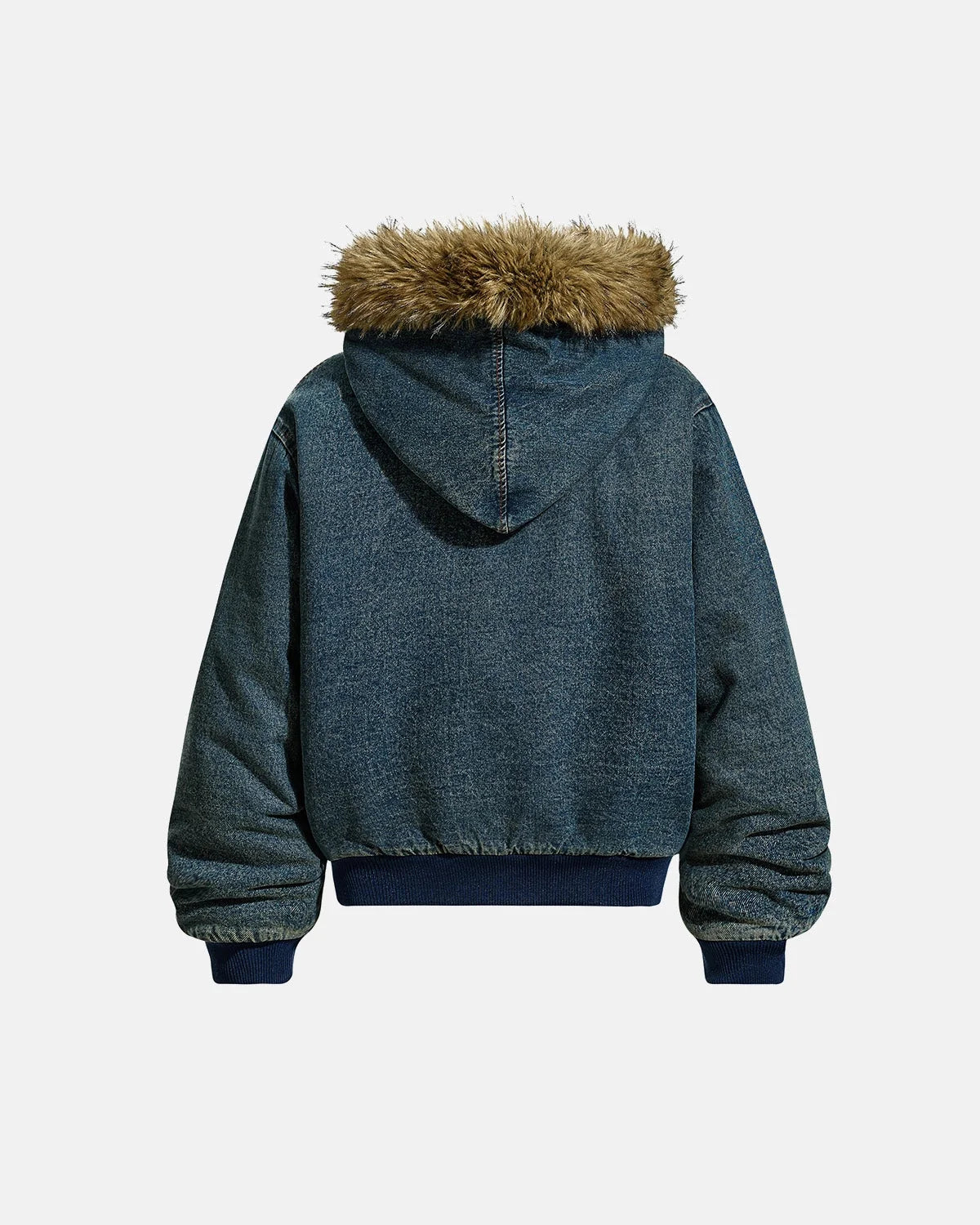 Omygoods Faux Fur Washed Denim Hooded Jacket