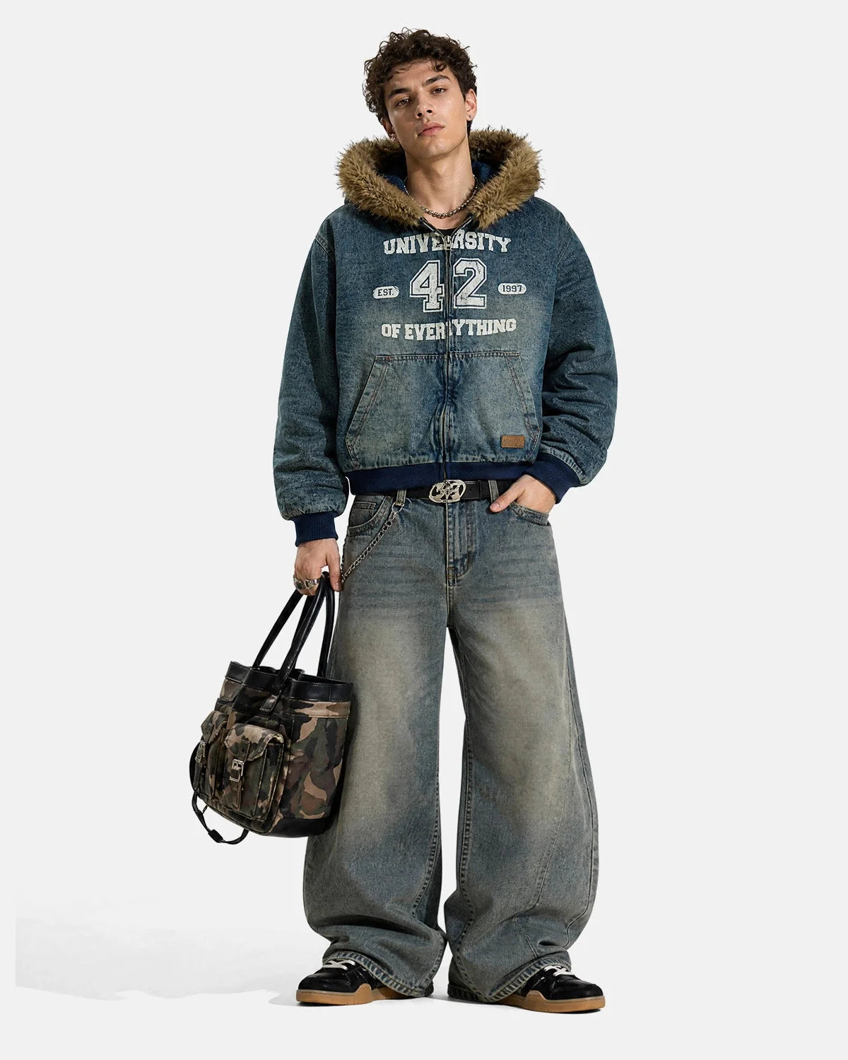 Omygoods Faux Fur Washed Denim Hooded Jacket