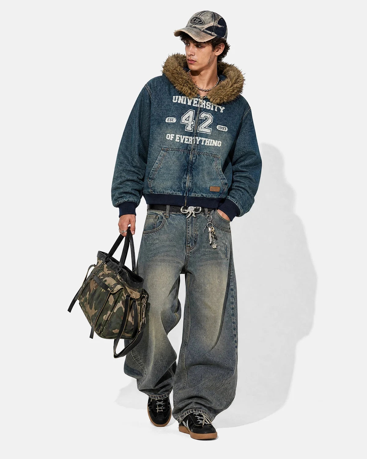 Omygoods Faux Fur Washed Denim Hooded Jacket