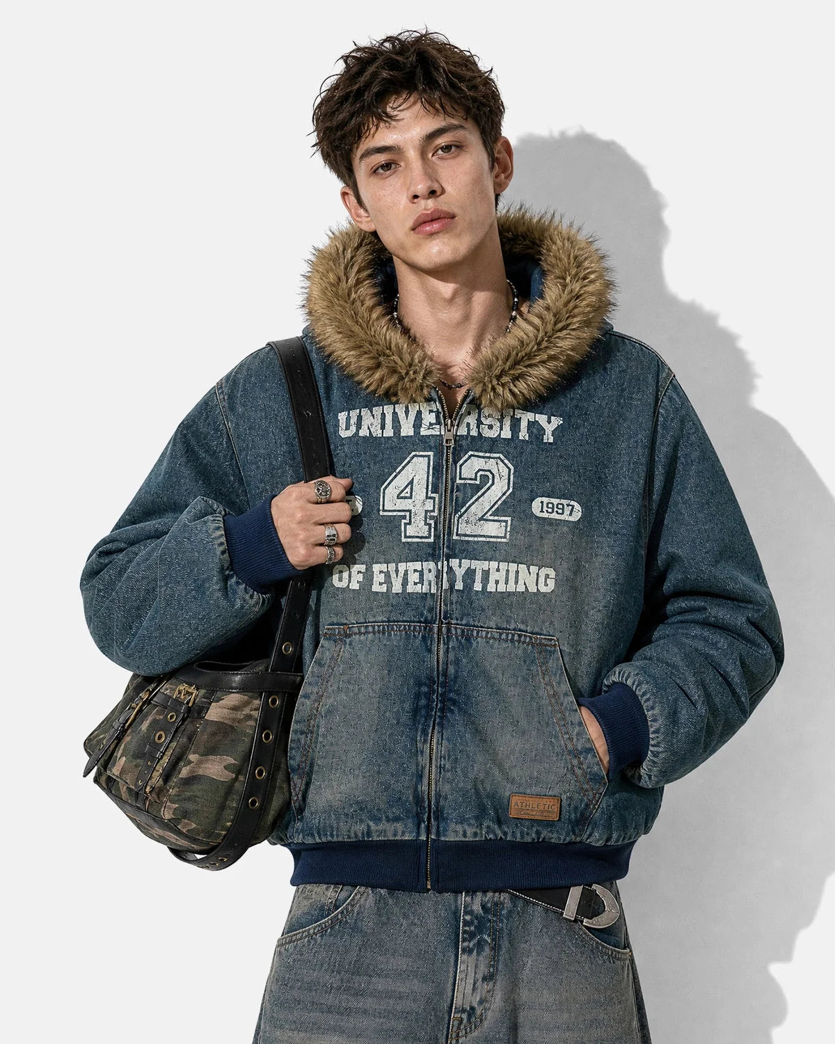 Omygoods Faux Fur Washed Denim Hooded Jacket