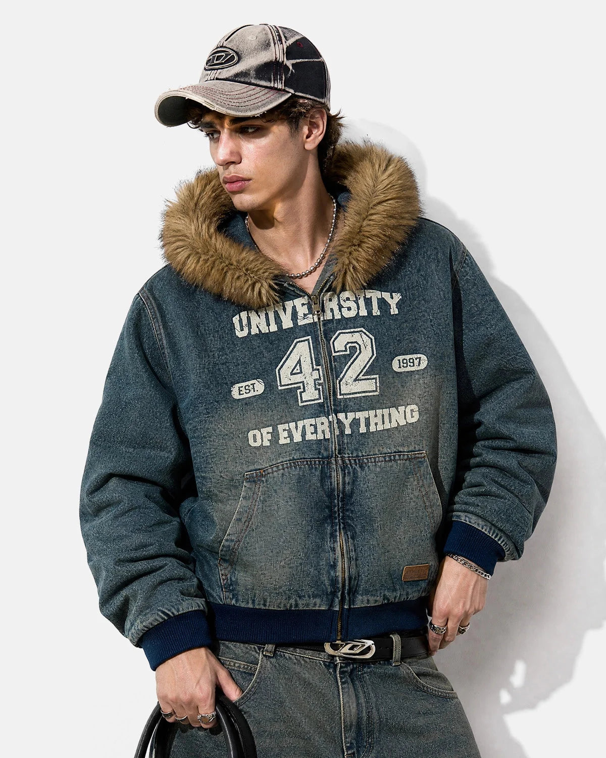 Omygoods Faux Fur Washed Denim Hooded Jacket