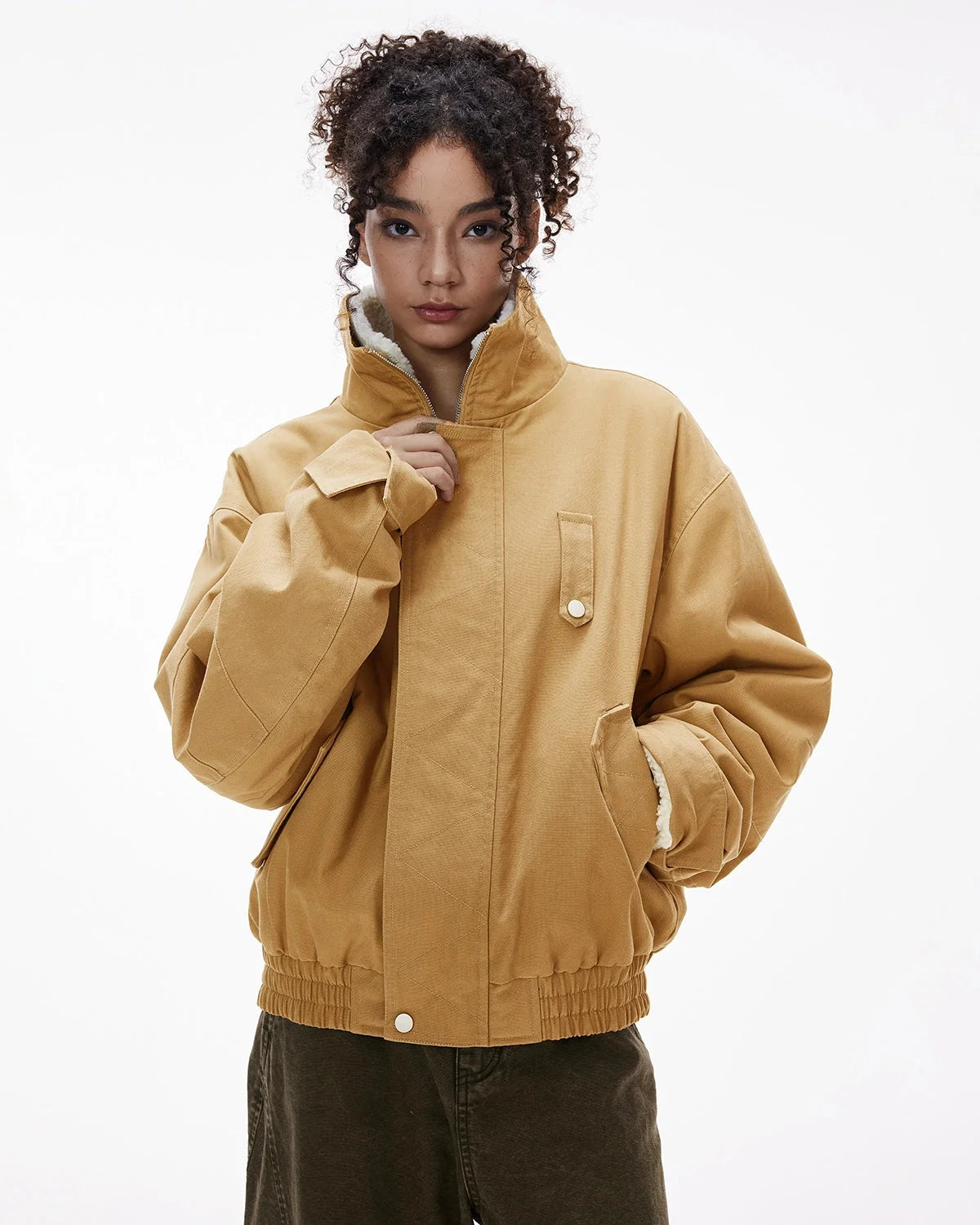 Omygoods Faux Shearling Lining Lambswool Jacket
