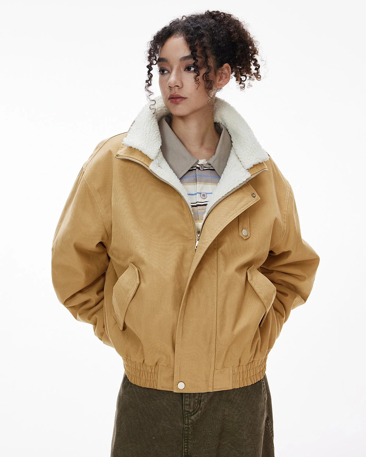Omygoods Faux Shearling Lining Lambswool Jacket