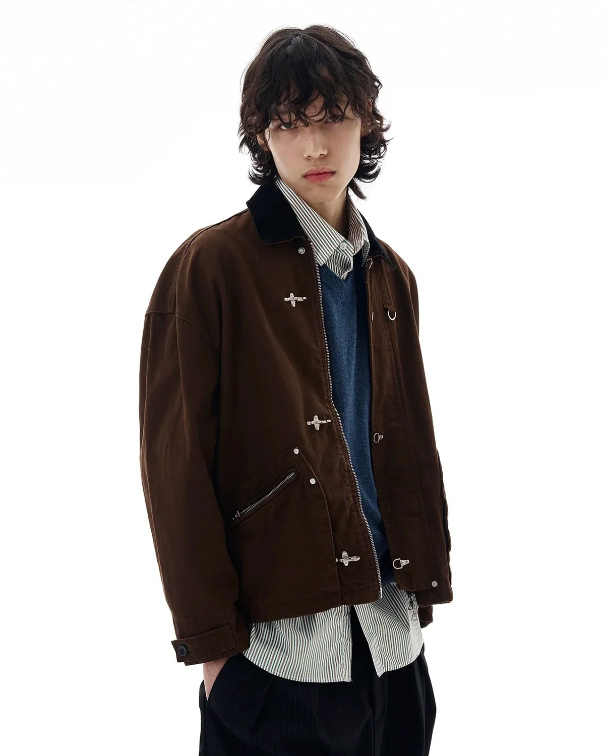 Omygoods Fireman Buckle Worker Zip Up Jacket