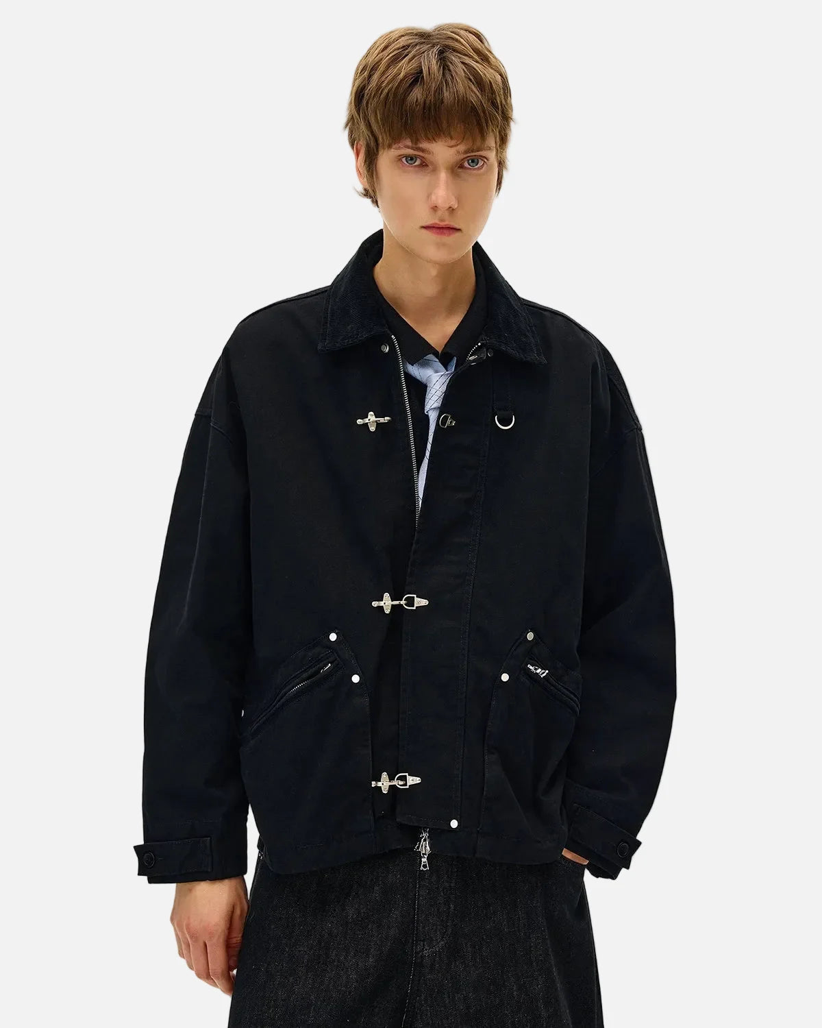 Omygoods Fireman Buckle Worker Zip Up Jacket