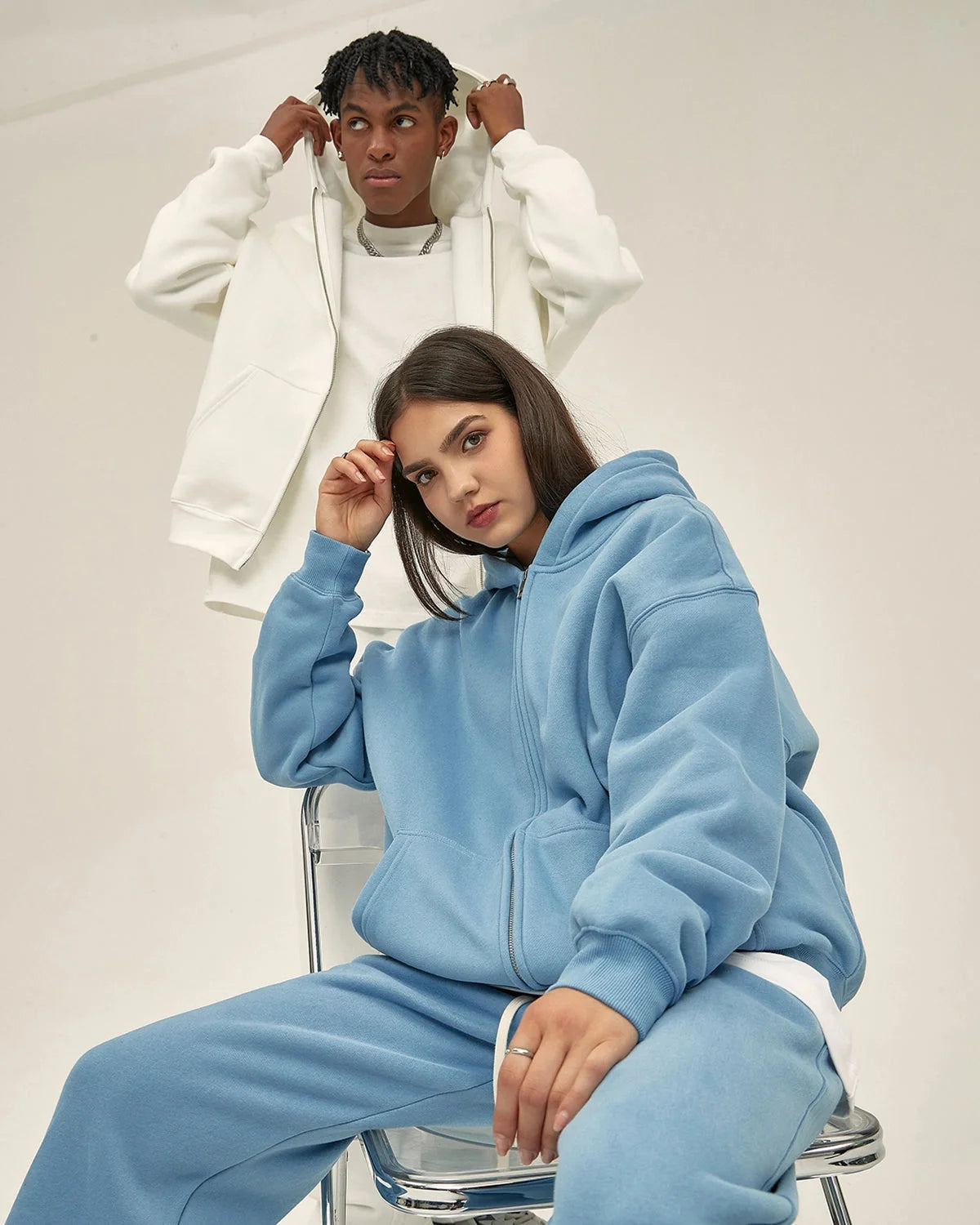 Omygoods Fleece Double Zip Up Hoodie