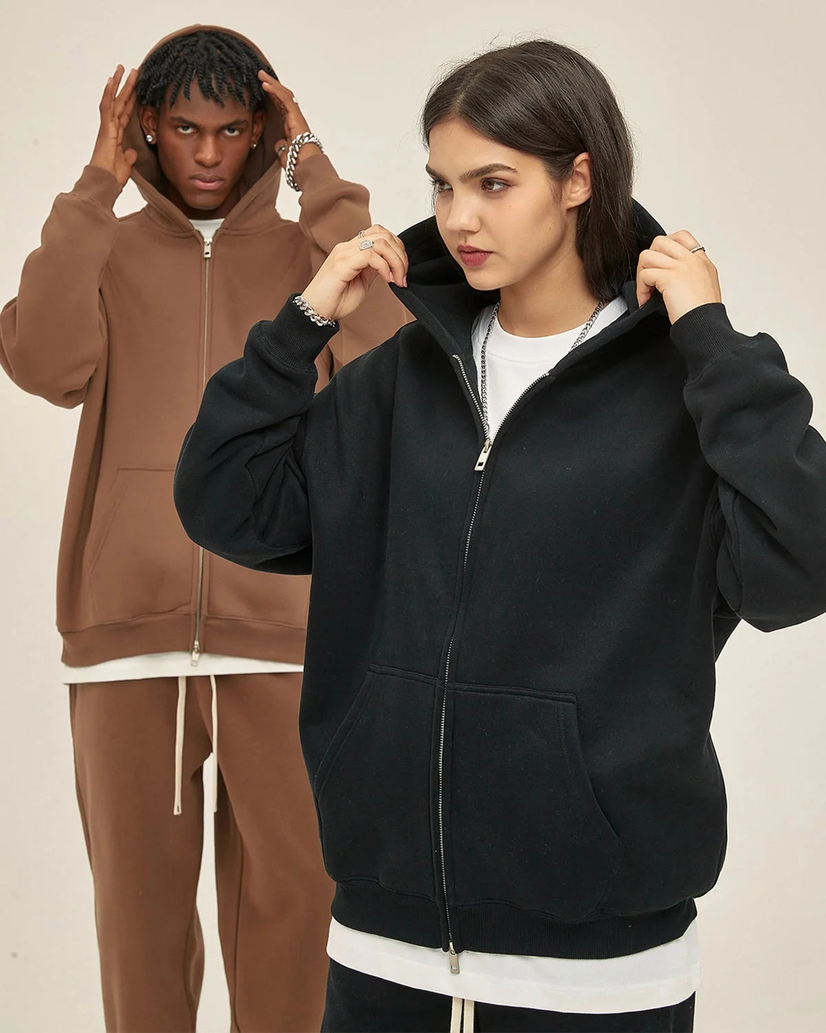 Omygoods Fleece Double Zip Up Hoodie