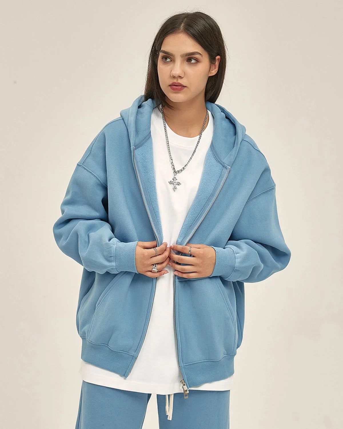 Omygoods Fleece Double Zip Up Hoodie