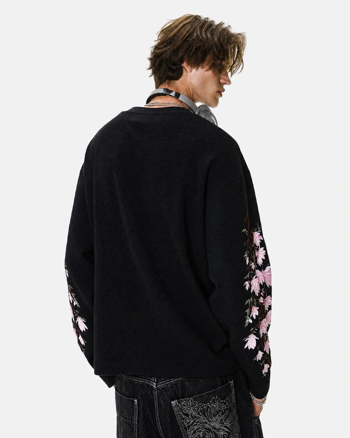 Omygoods Floral Embroidered Waffle T-Shirt