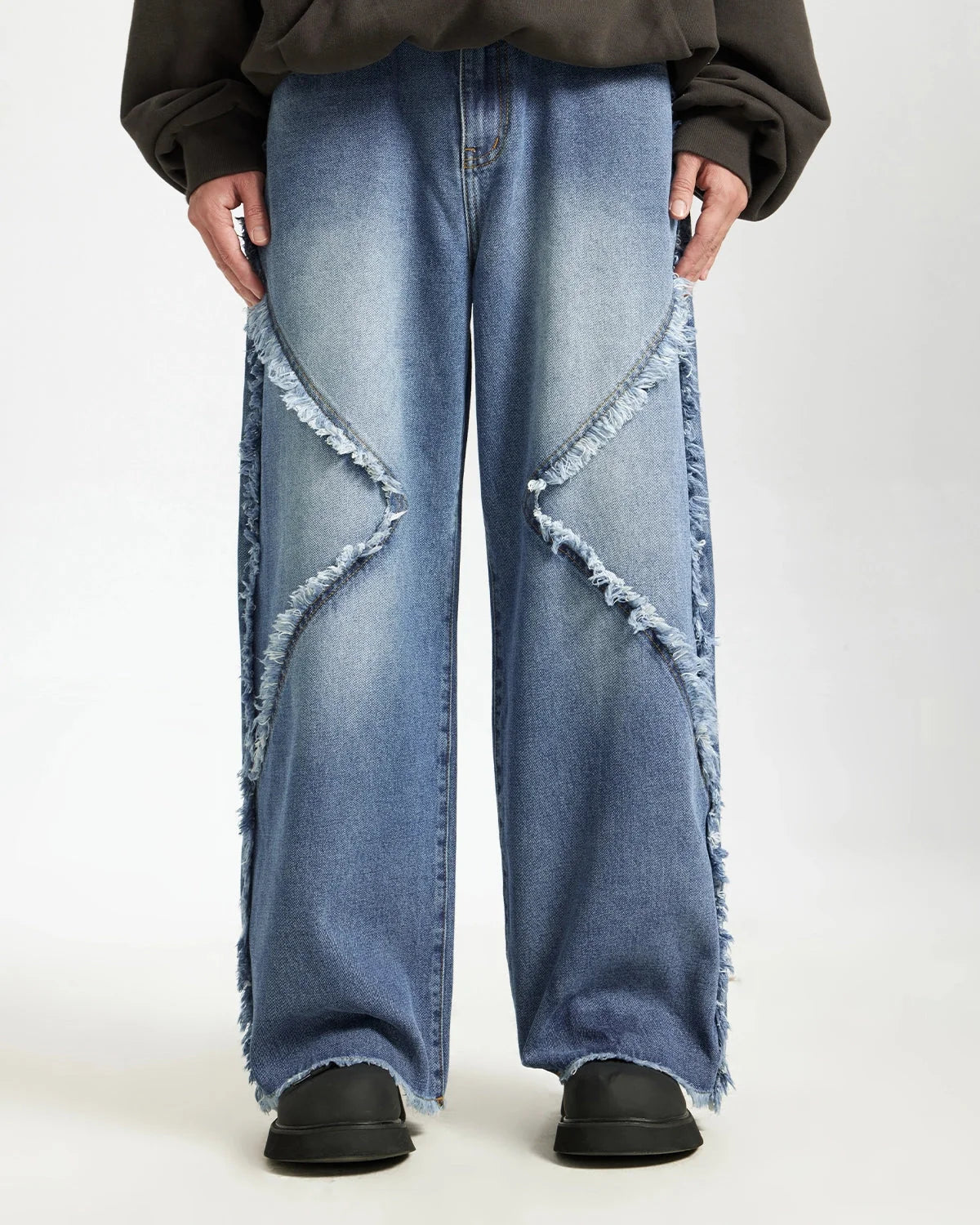Omygoods Blue Frayed Acid Wash Pants