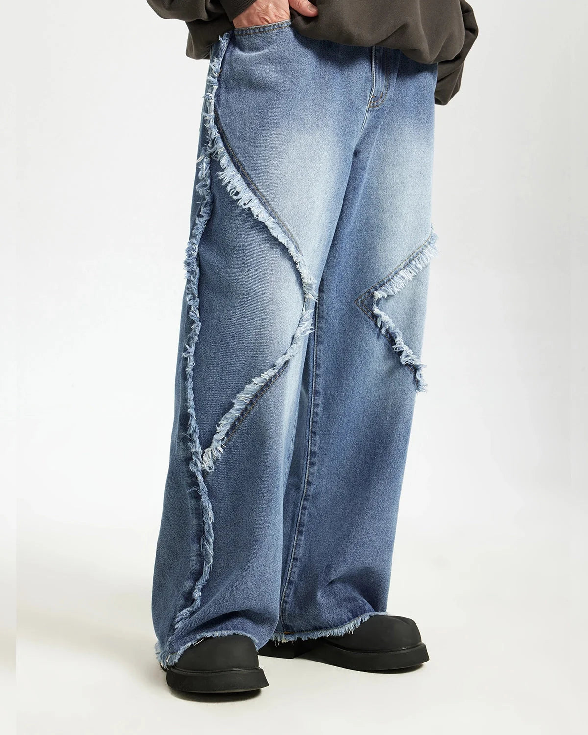 Omygoods Blue Frayed Acid Wash Pants