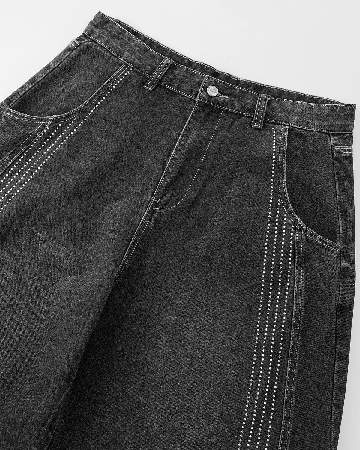 Omygoods Front Striped Rhinestone Barrel Jeans