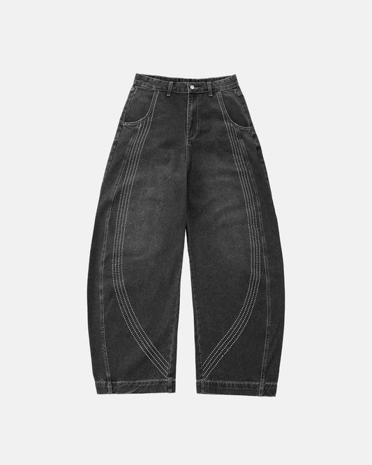 Omygoods Front Striped Rhinestone Barrel Jeans