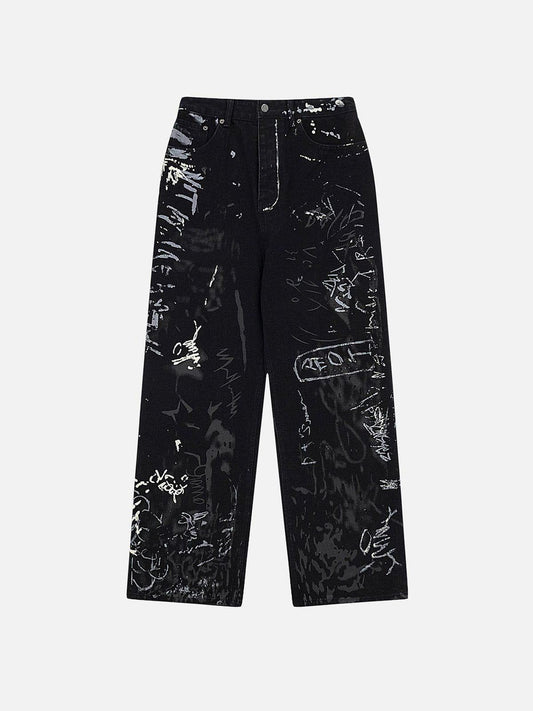 Omygoods Full Print Graffiti Loose Jeans
