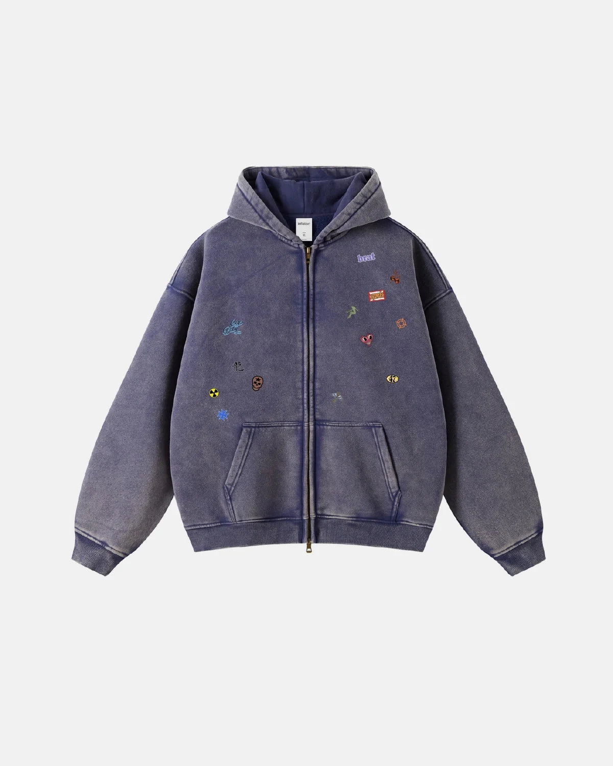 Omygoods Funny Stickers Distressed Zip Up Hoodie