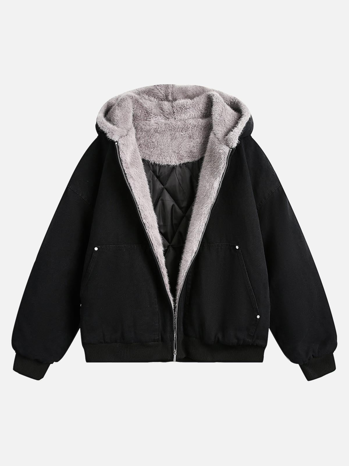 Omygoods Fur Hooded Zip Up Quilted Jacket
