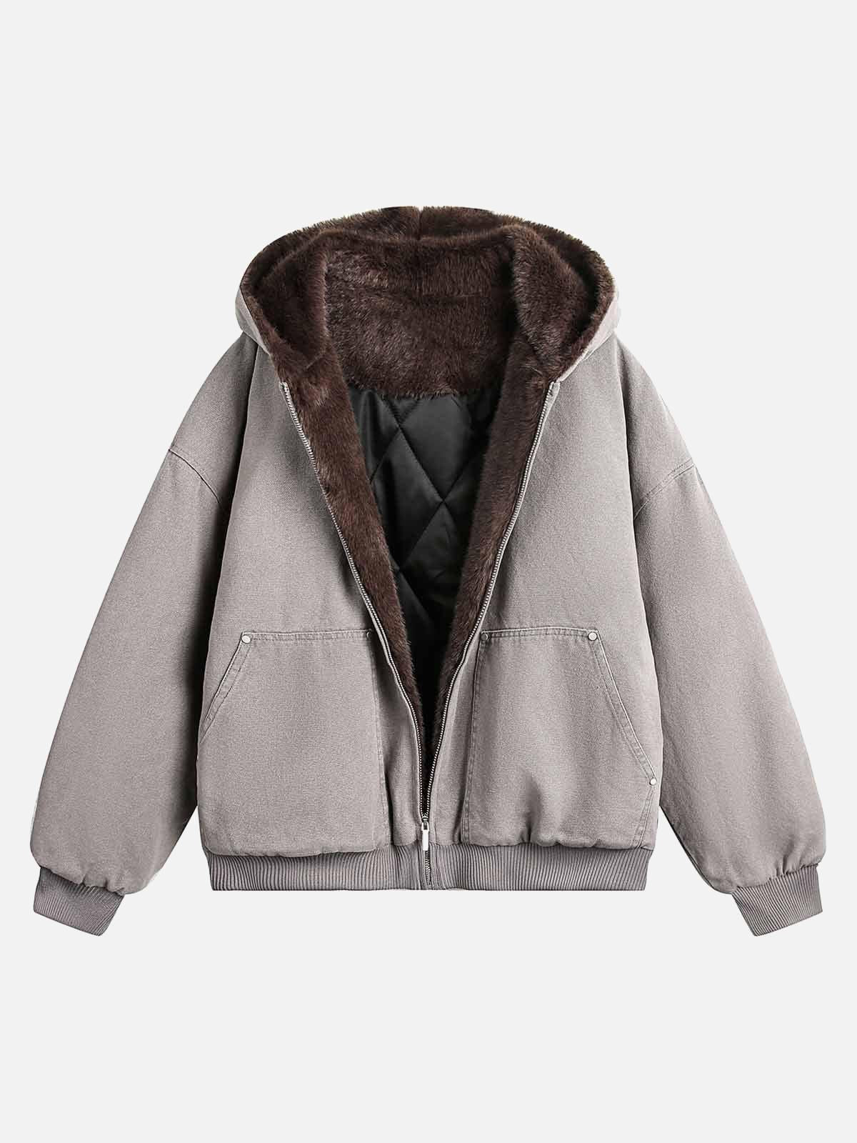 Omygoods Fur Hooded Zip Up Quilted Jacket