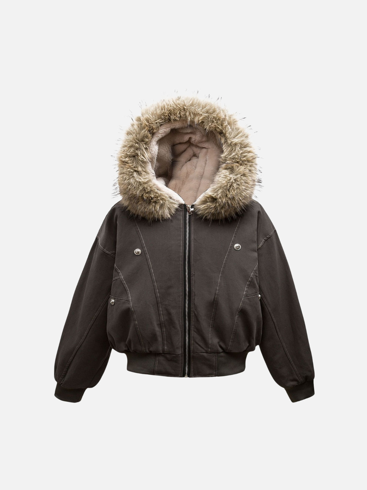Omygoods Faux Fur Lined Zip Up Winter Hooded Bomber Jacket