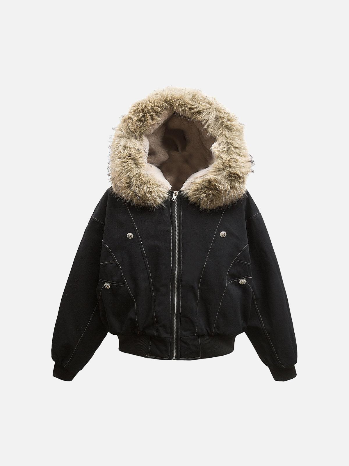Omygoods Faux Fur Lined Zip Up Winter Hooded Bomber Jacket