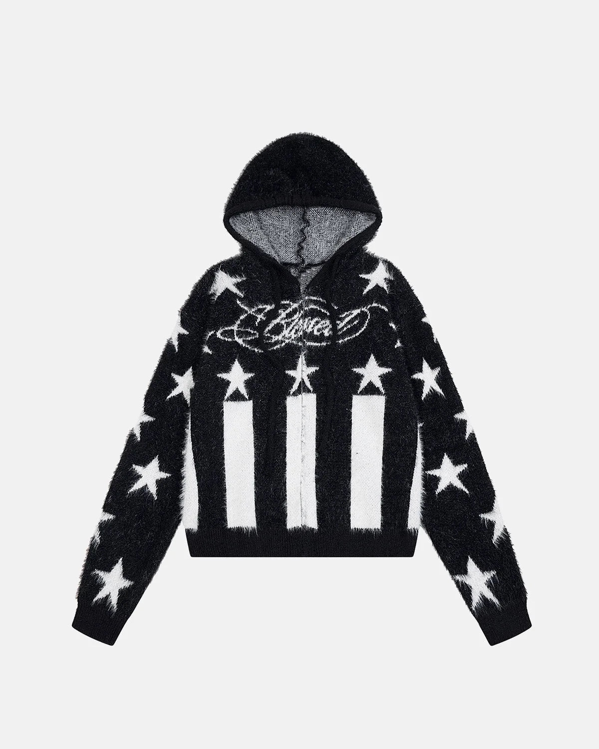 Omygoods Fuzzy Star Graphic Zip Up Sweater