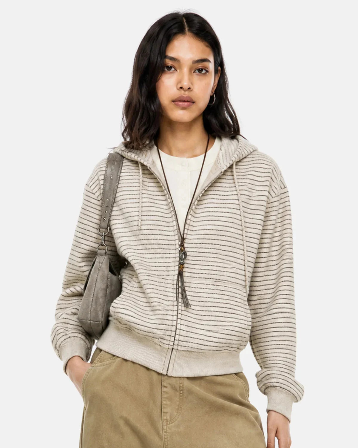 Omygoods Fuzzy Stripe Boxy Zip Up Hoodie