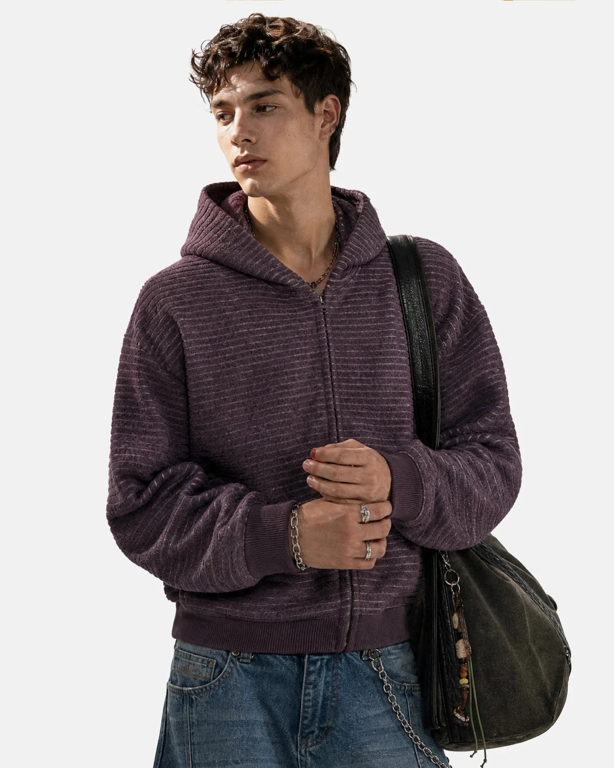 Omygoods Fuzzy Stripe Boxy Zip Up Hoodie