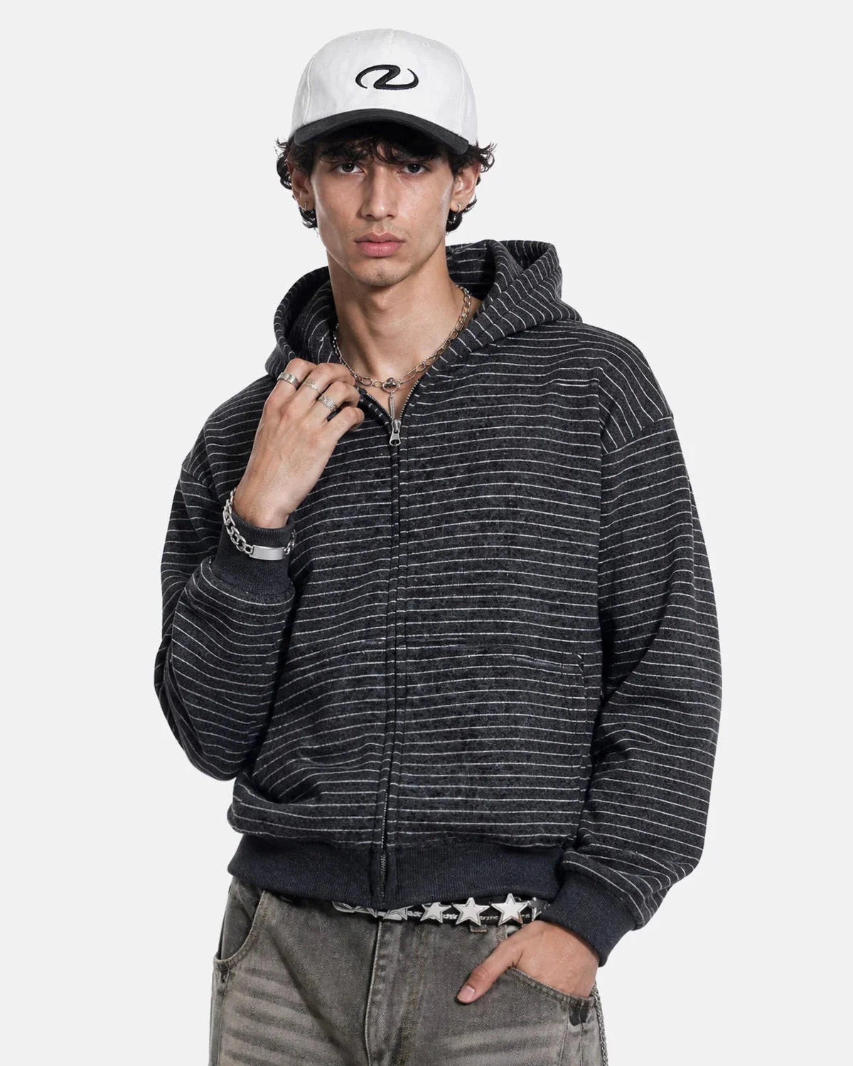 Omygoods Fuzzy Stripe Boxy Zip Up Hoodie