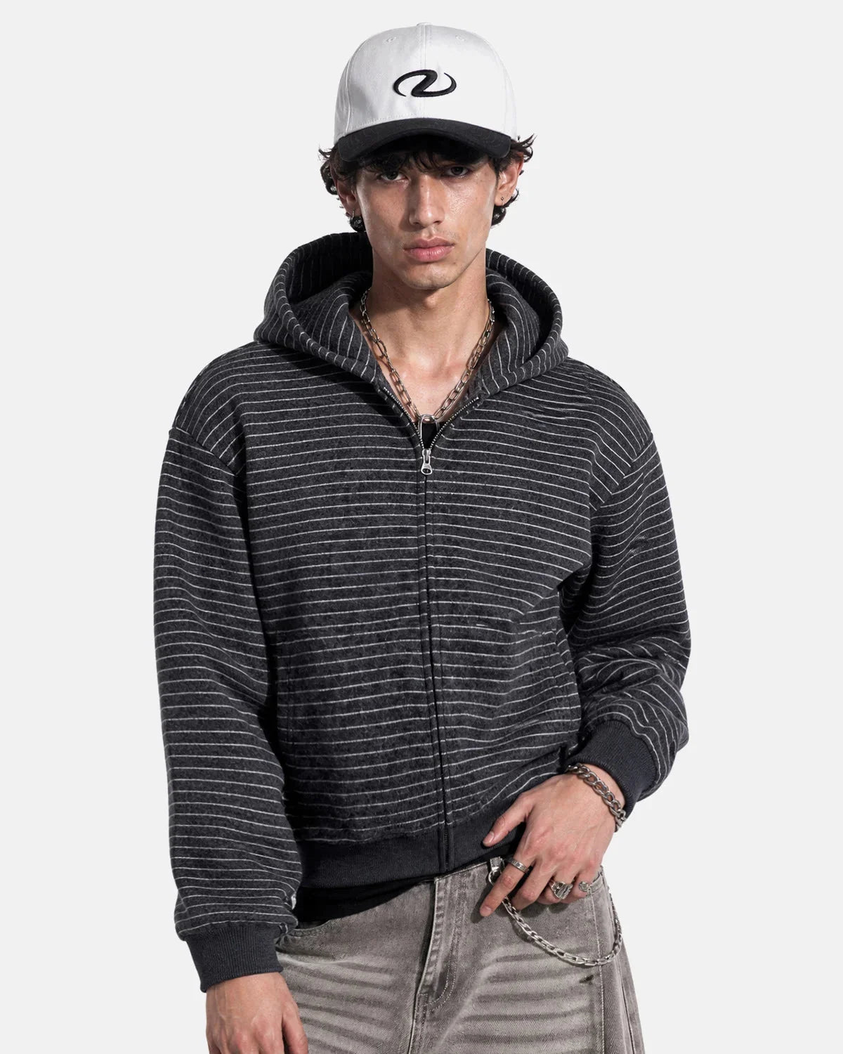 Omygoods Fuzzy Stripe Boxy Zip Up Hoodie
