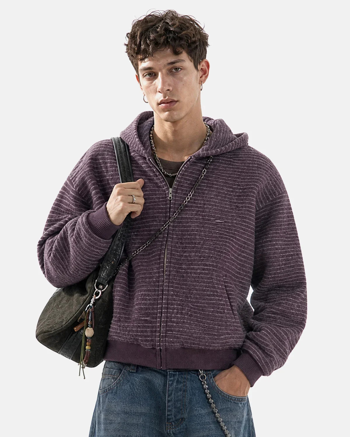Omygoods Fuzzy Stripe Boxy Zip Up Hoodie