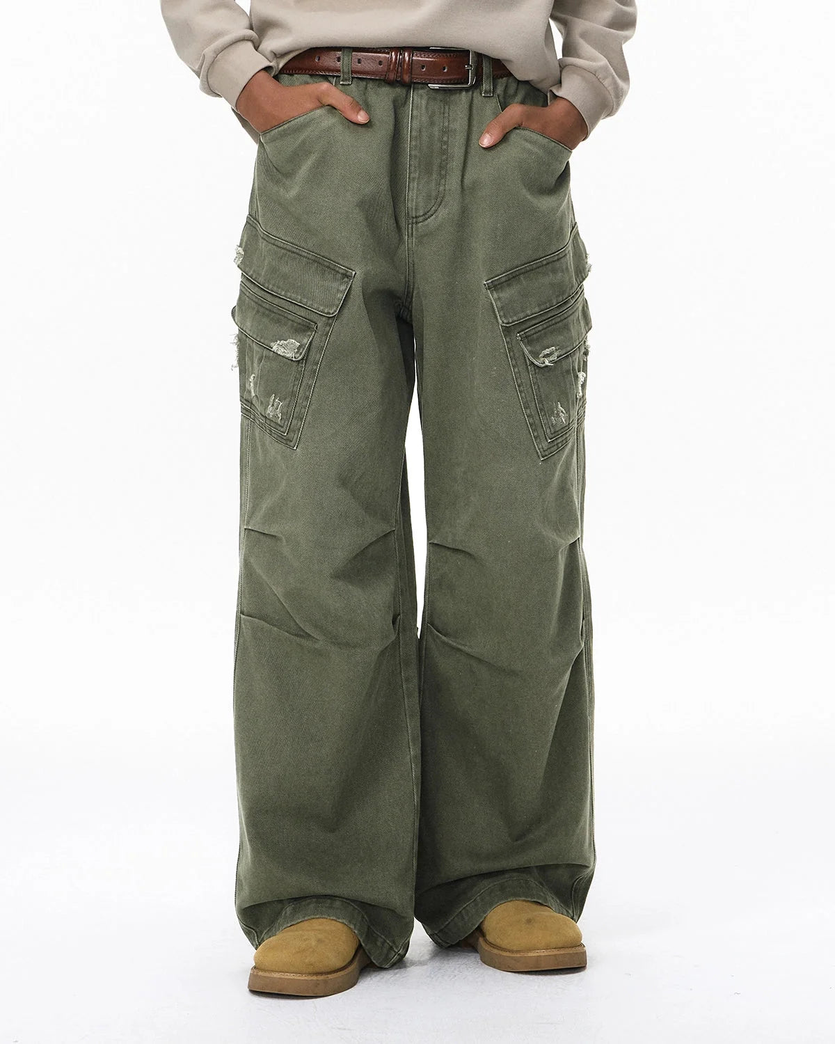 Omygoods Garment Wash Ripped Cargo Pants