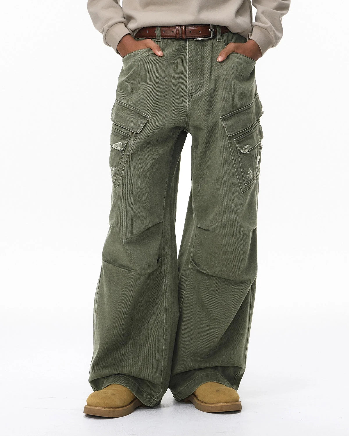 Omygoods Garment Wash Ripped Cargo Pants