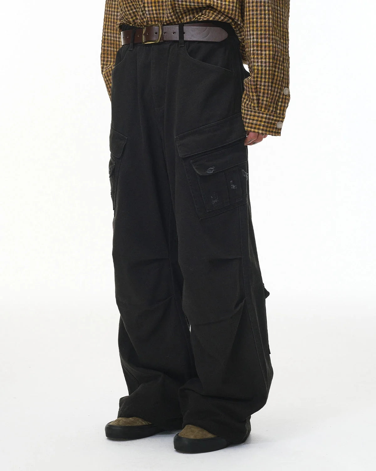Omygoods Garment Wash Ripped Cargo Pants
