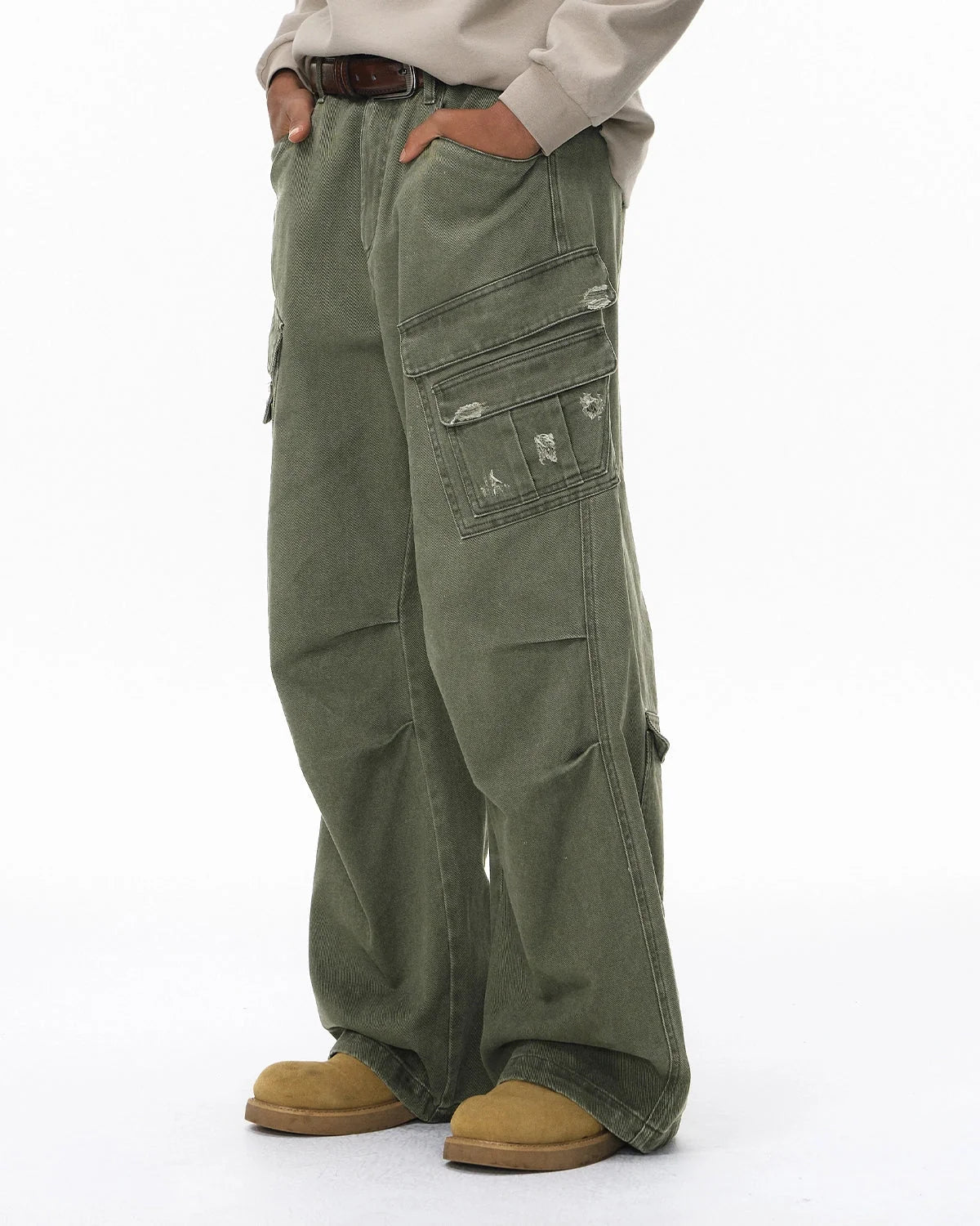 Omygoods Garment Wash Ripped Cargo Pants