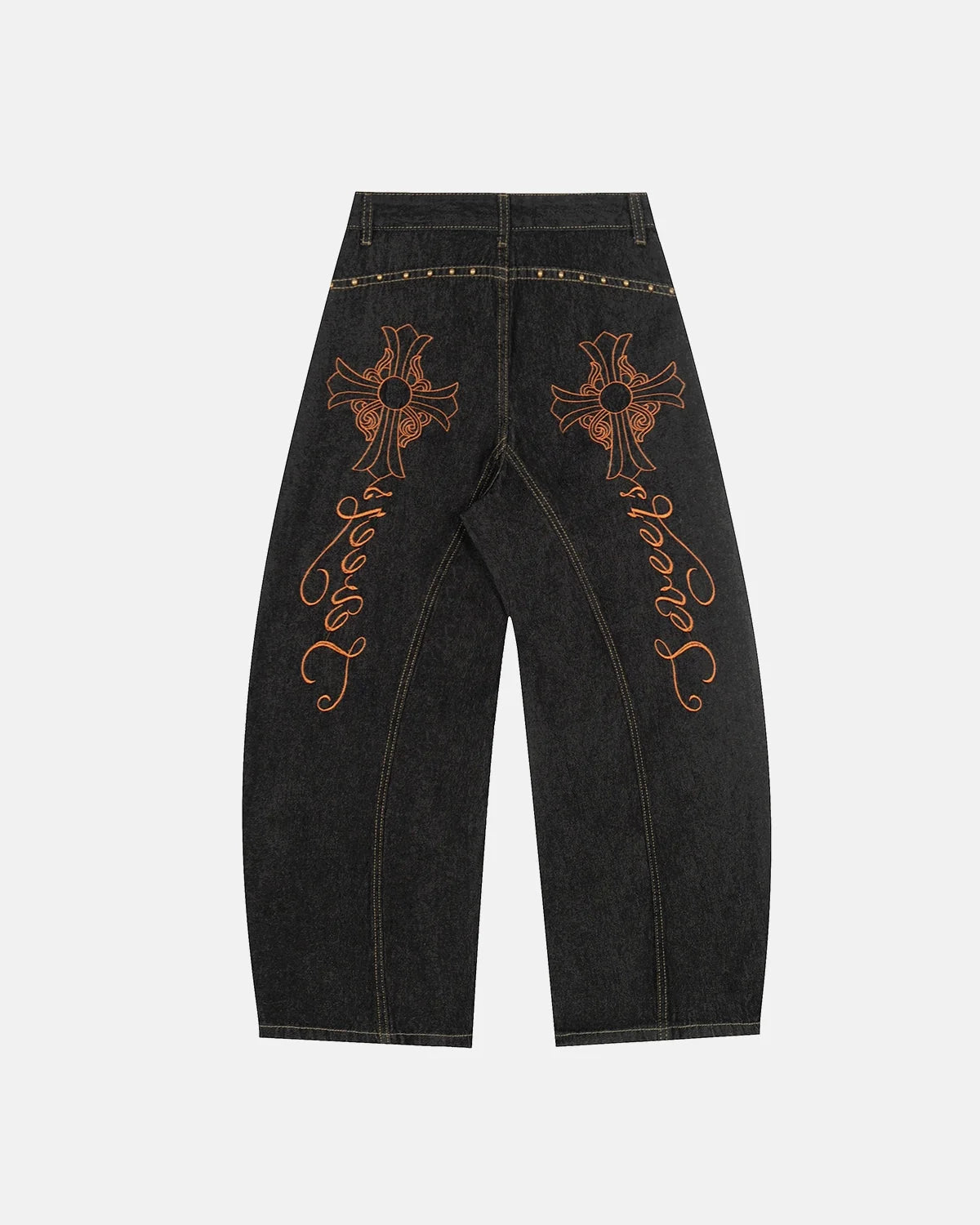 Omygoods Gothic Cross Embroidery Barrel Jeans