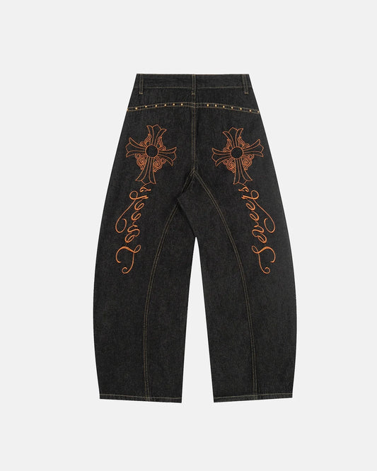 Omygoods Gothic Cross Embroidery Barrel Jeans