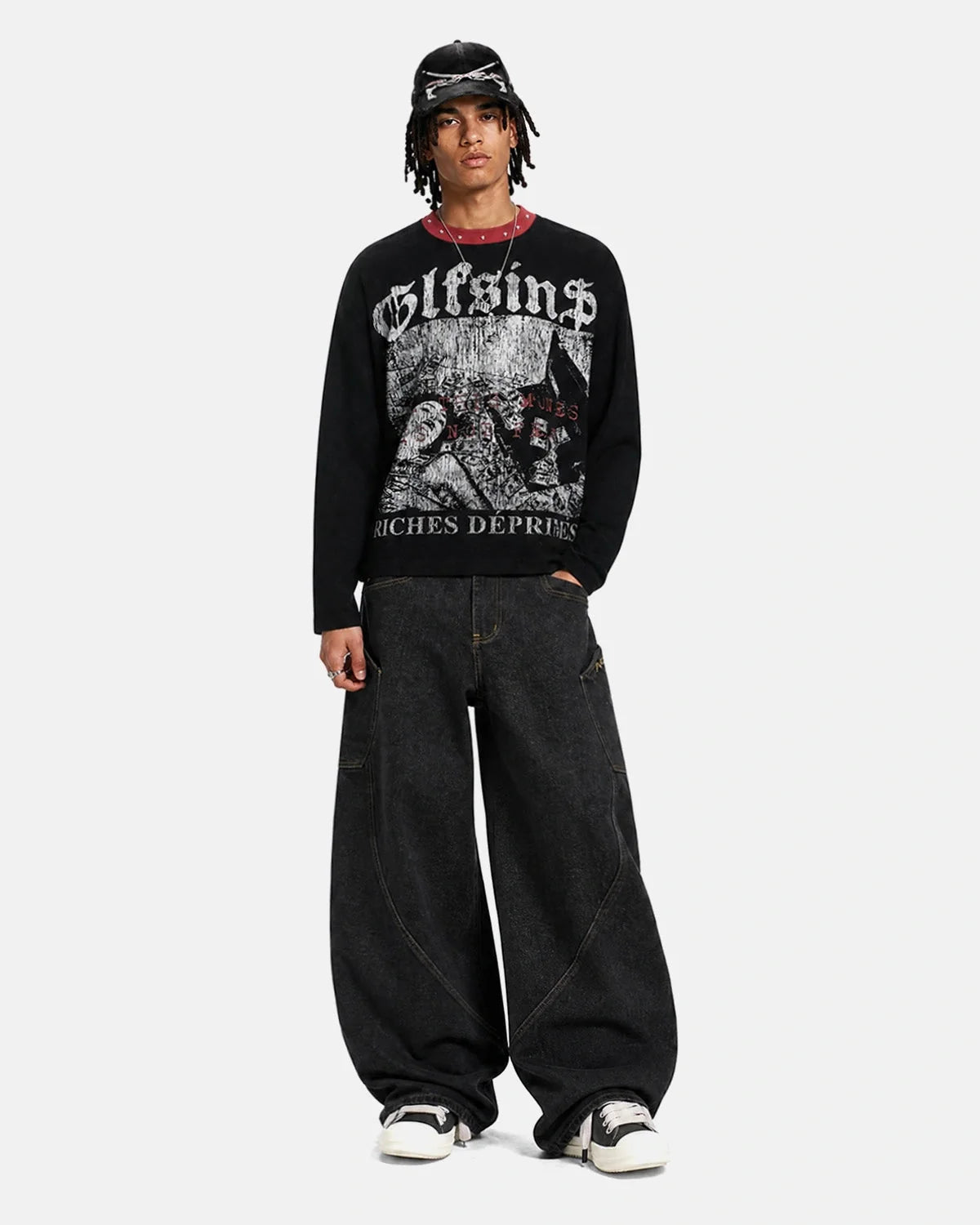 Omygoods Gothic Graphic Studded Waffle T-Shirt