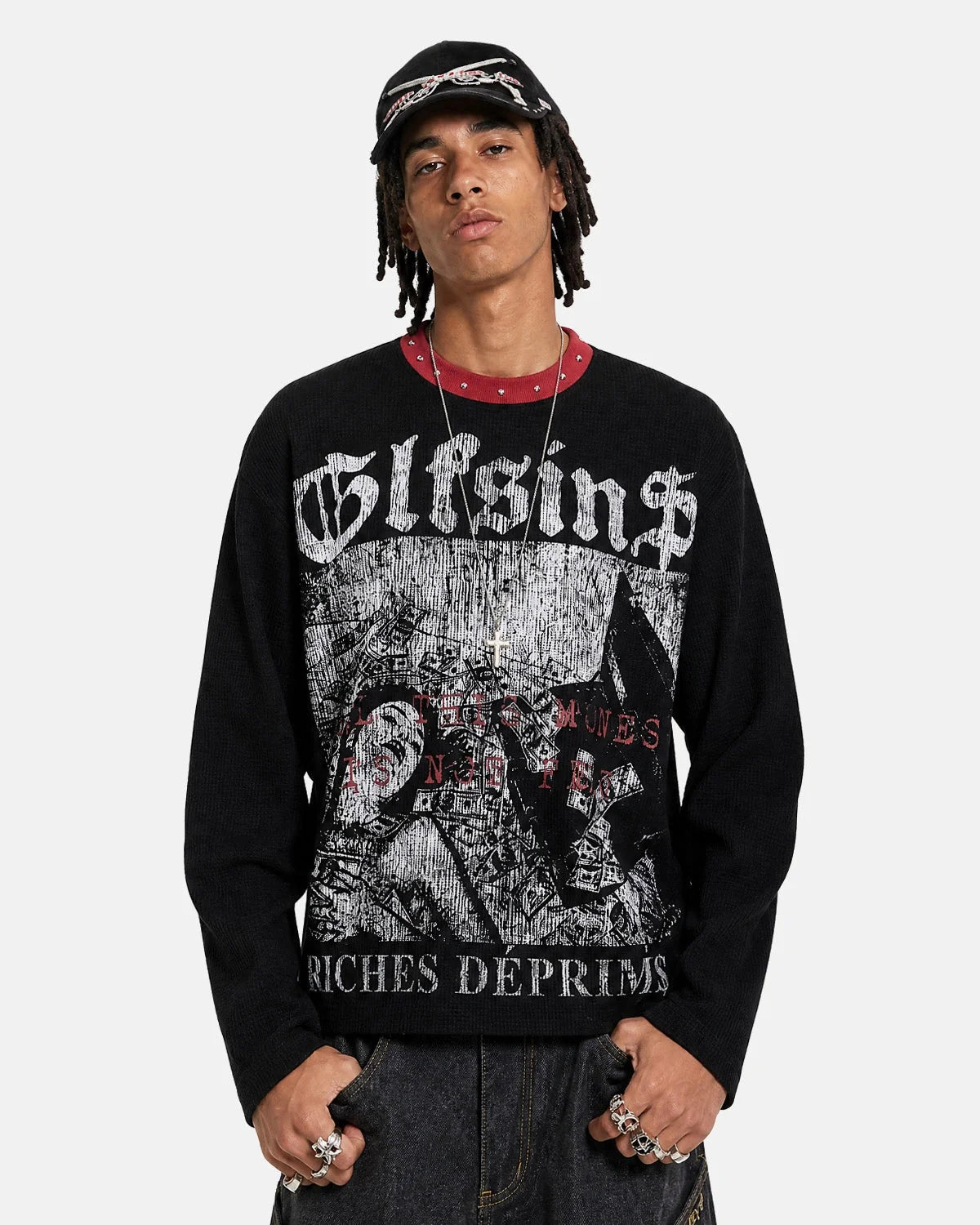 Omygoods Gothic Graphic Studded Waffle T-Shirt