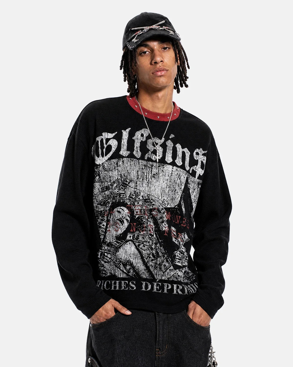 Omygoods Gothic Graphic Studded Waffle T-Shirt