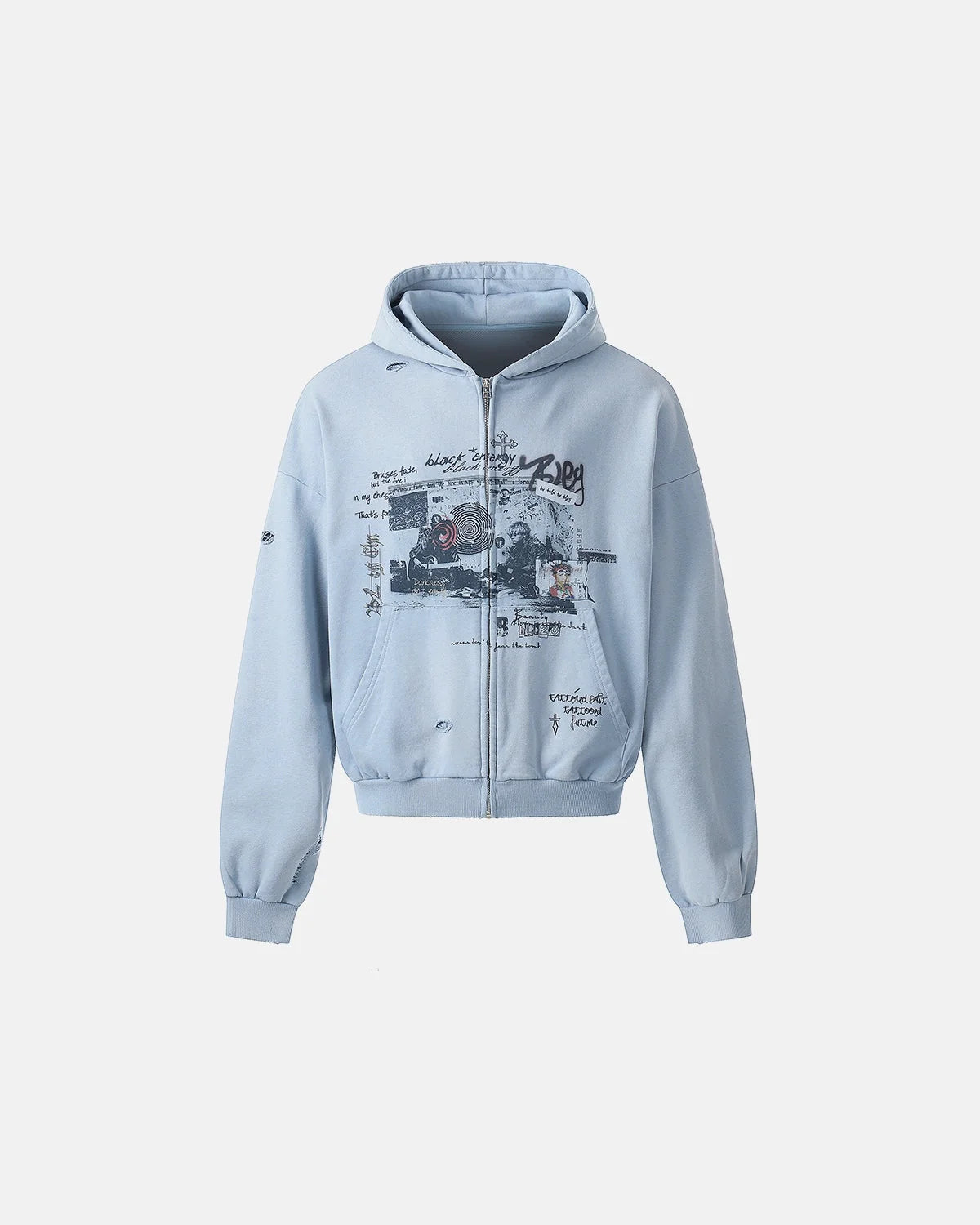 Omygoods Graffiti Character Distressed Washed Zip Hoodie