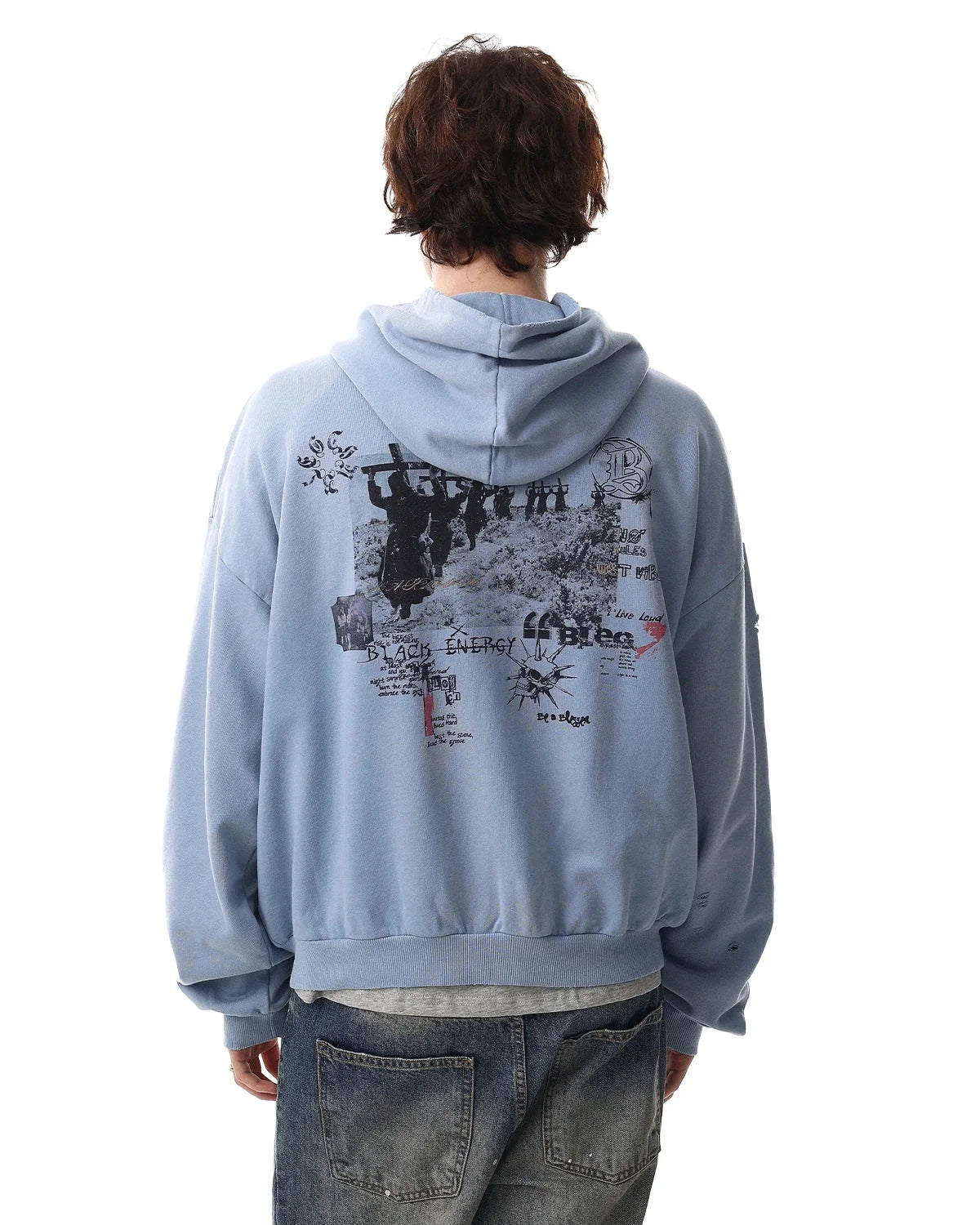 Omygoods Graffiti Character Distressed Washed Zip Hoodie