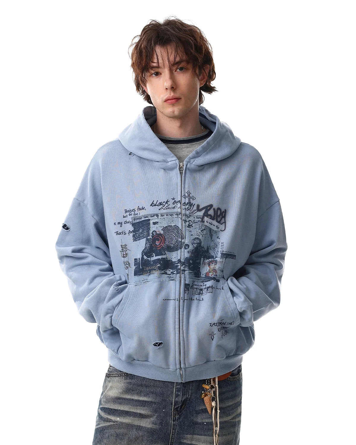 Omygoods Graffiti Character Distressed Washed Zip Hoodie