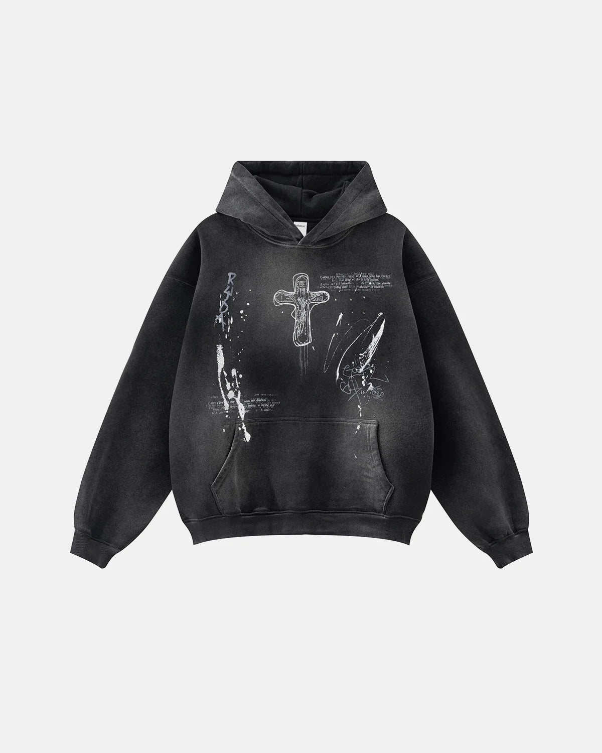 Omygoods Graffiti Print Acid Washed Fleece Hoodie